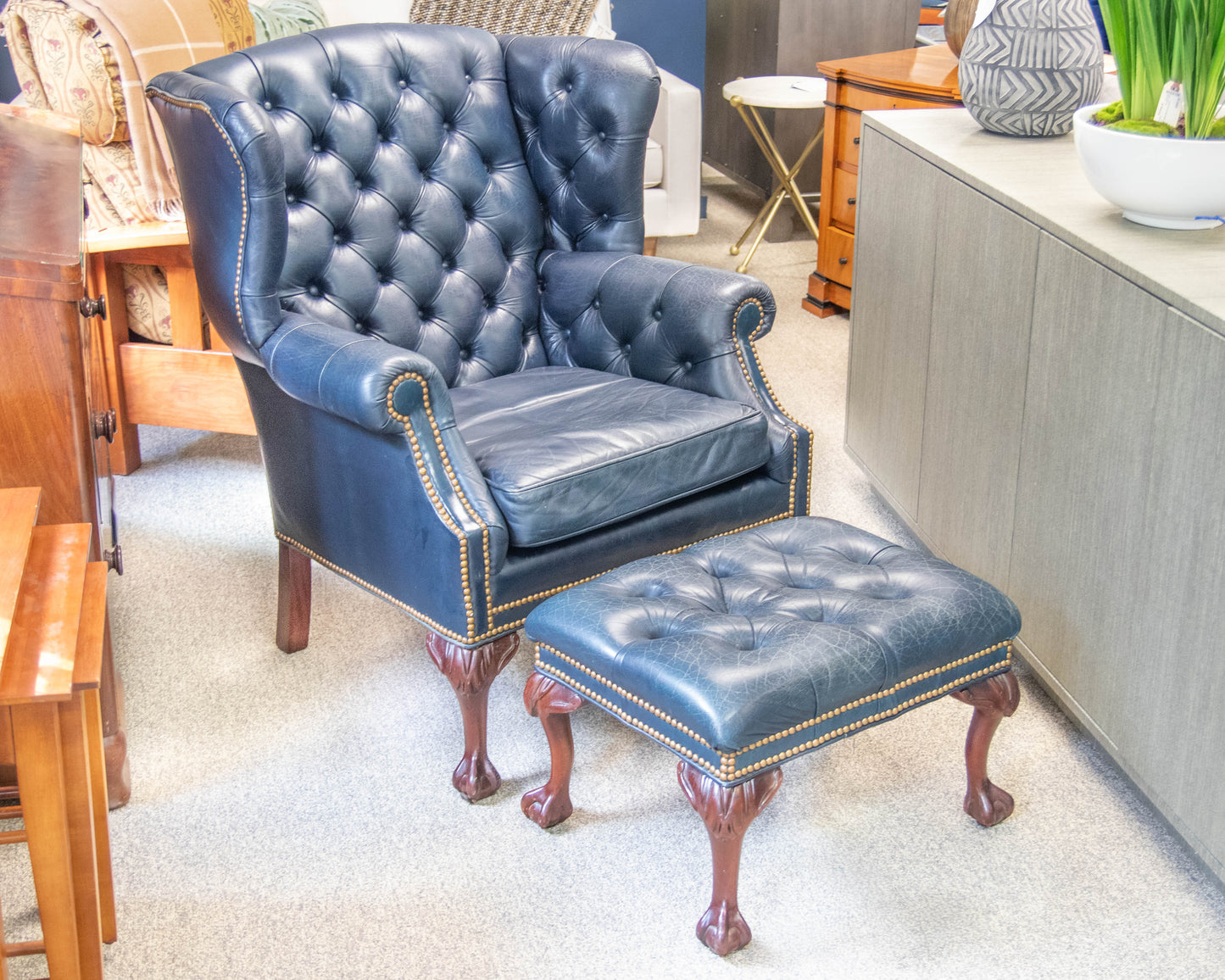 Leathercraft Navy Leather Wing Chair