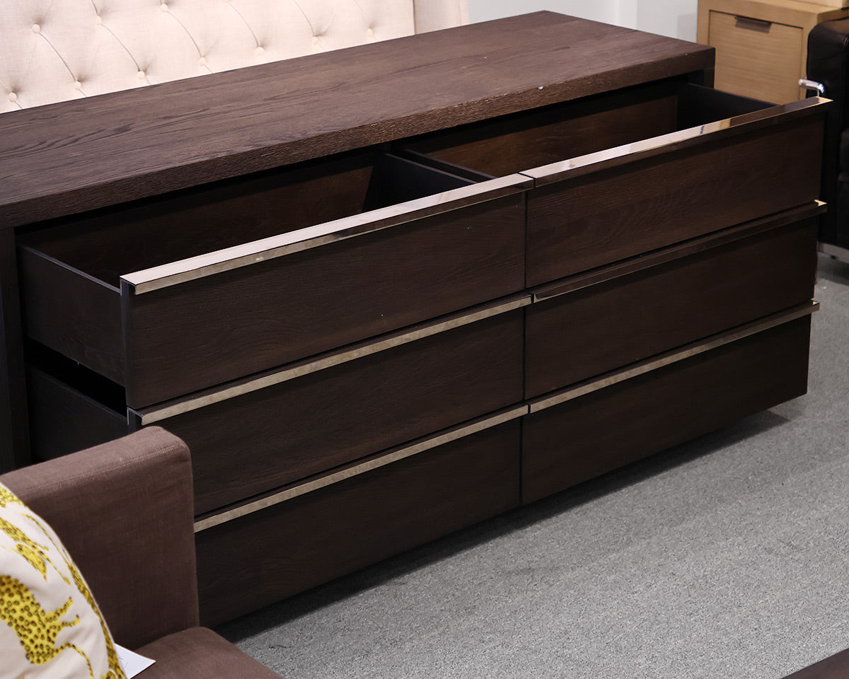 Restoration Hardware Bezier 6-Drawer Low Wide Dresser in Brown Oak and Steel