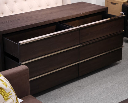 Restoration Hardware Bezier 6-Drawer Low Wide Dresser in Brown Oak and Steel
