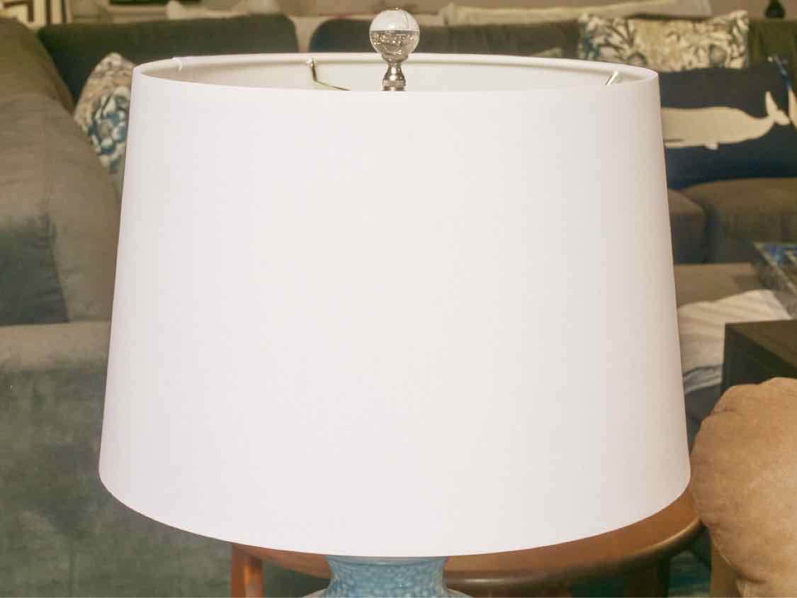 Porcelain Ice Blue Basket Table Lamp with White Linen Retro Drum Shade