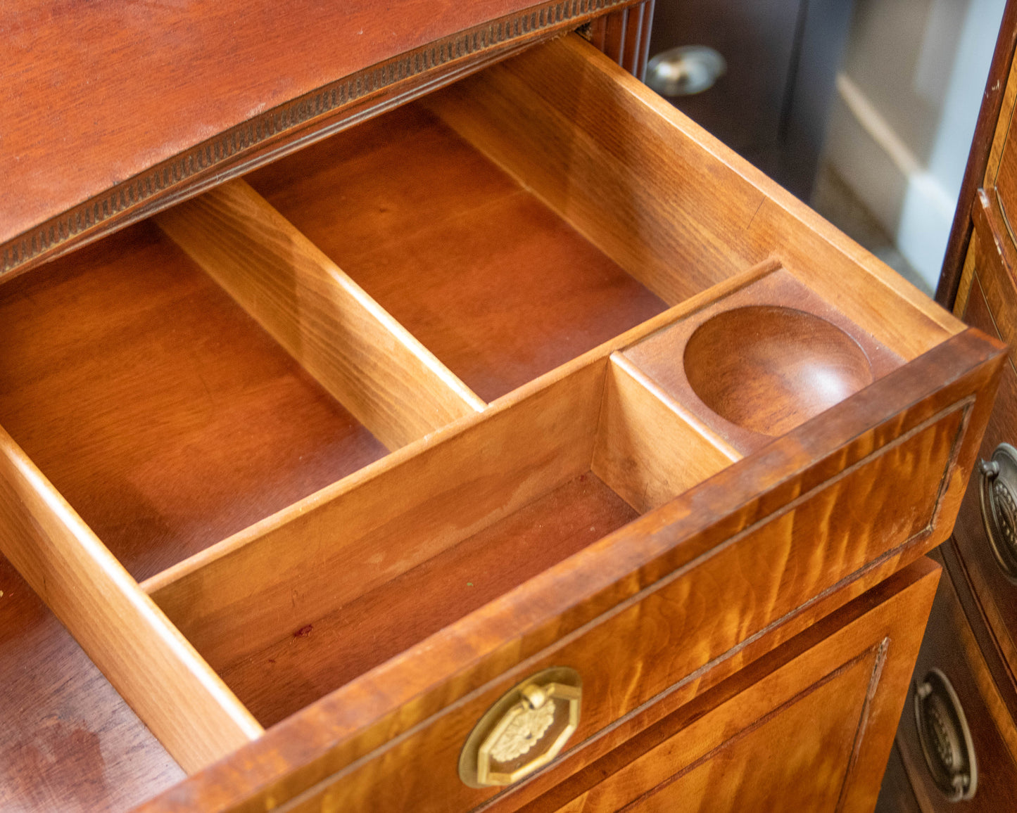 Paine Mahogany Bow Front Dresser W/ 3 Satin Wood Drawers