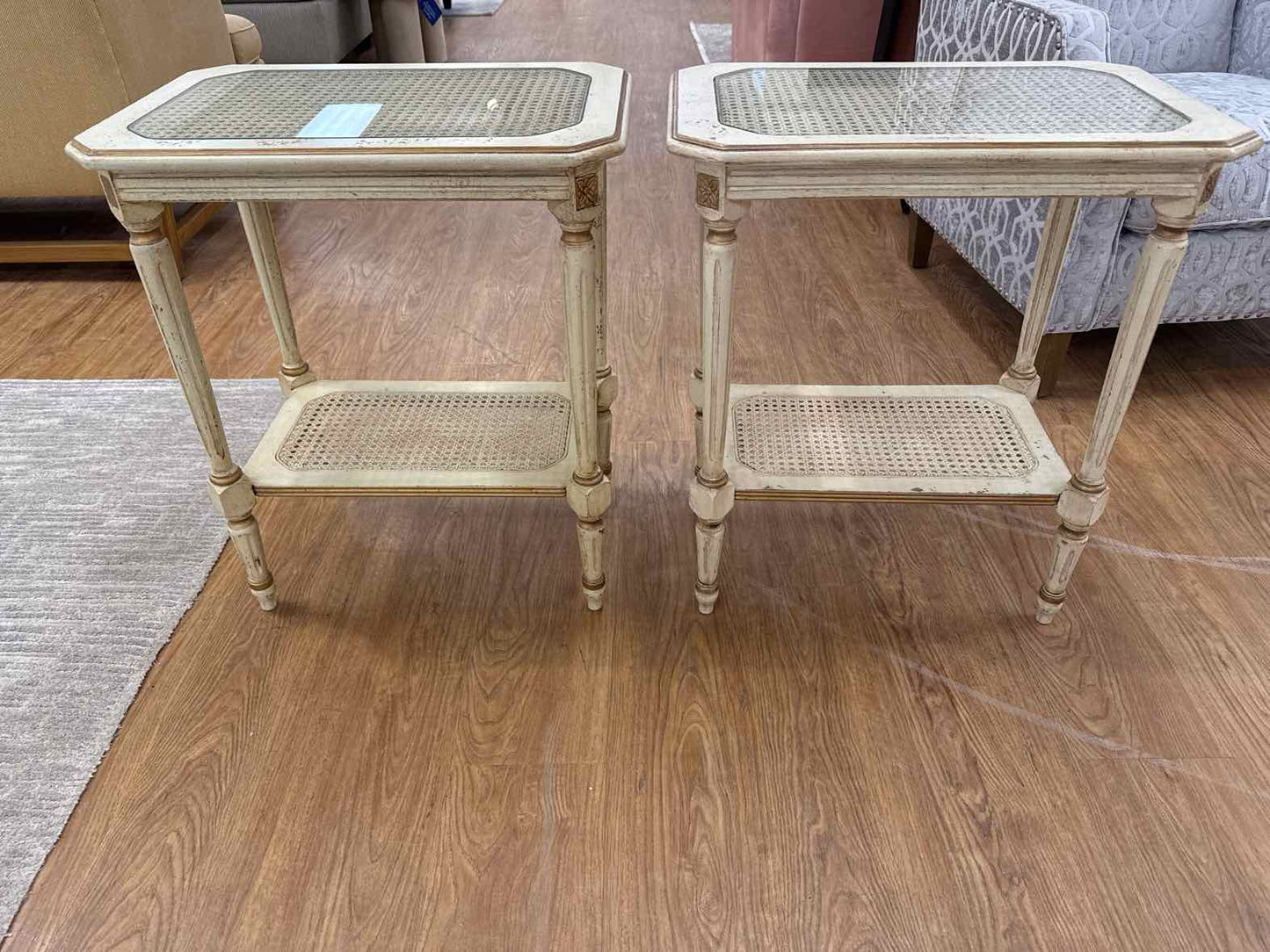 Domain Pair of Glass-Top Cane Side Tables
