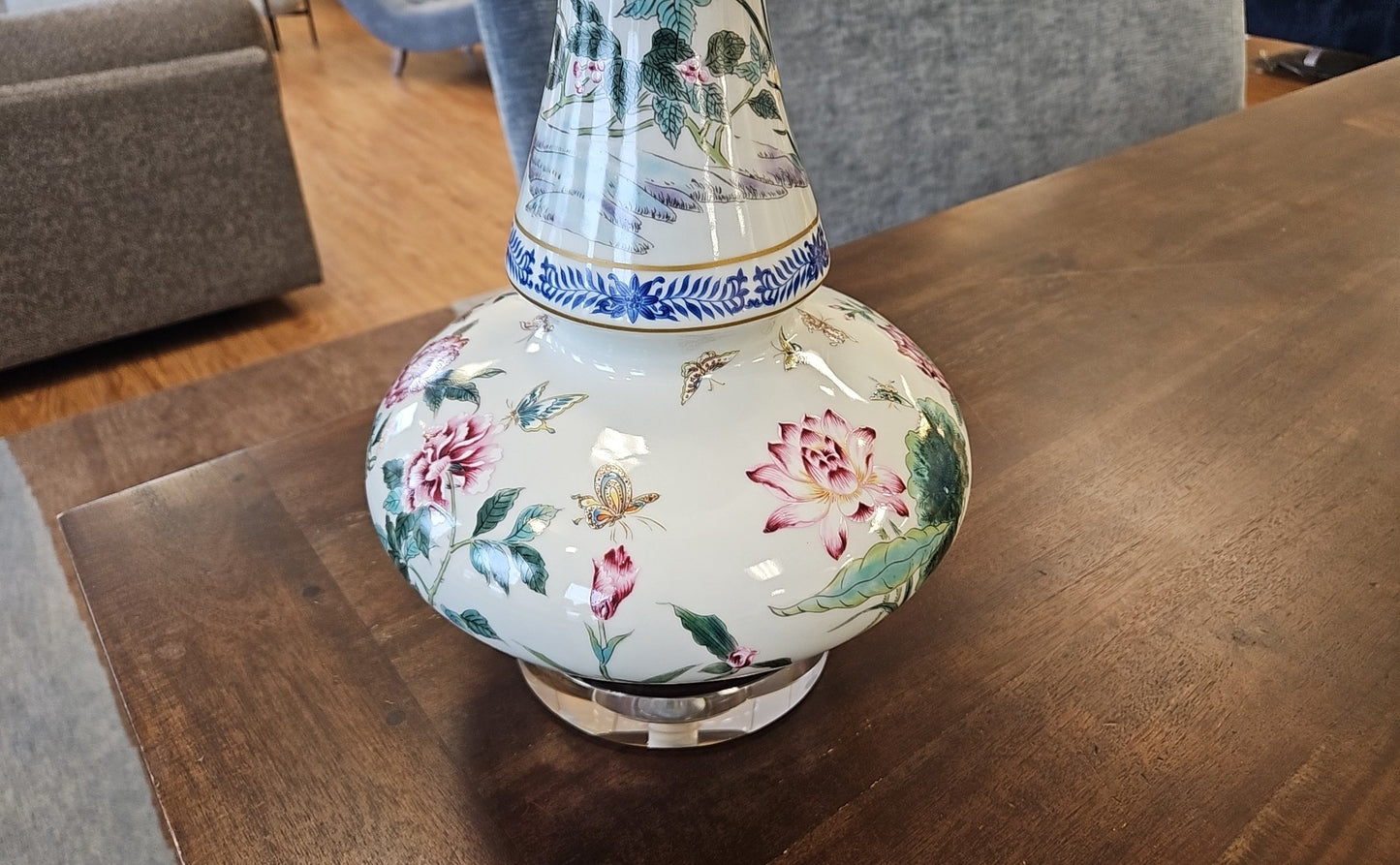 Porcelain Floral Long Neck Vase Lamp
