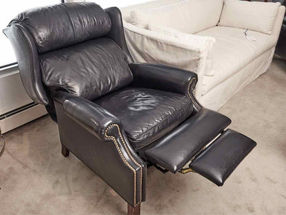 Pair of Hancock and Moore  Navy Blue Leather Bustle Back Reclining Chairs