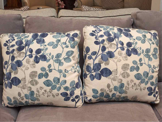 Pair Of Feather Filled Blue & Gray Leaf Motif Accent Pillows