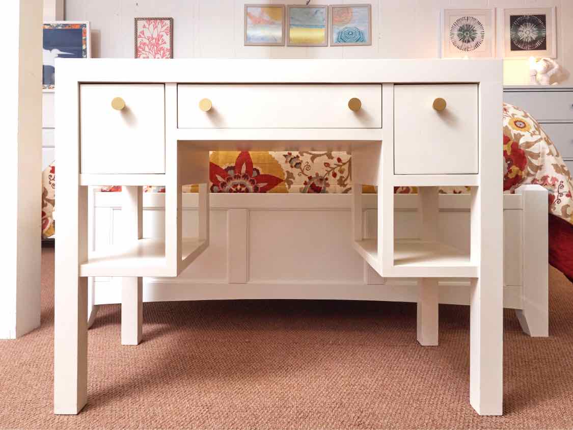 Off White 3 Drawer 2 Shelf Vanity Includes Acrylic Leg Sheepskin Stool