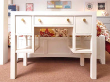 Off White 3 Drawer 2 Shelf Vanity Includes Acrylic Leg Sheepskin Stool