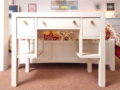Off White 3 Drawer 2 Shelf Vanity Includes Acrylic Leg Sheepskin Stool