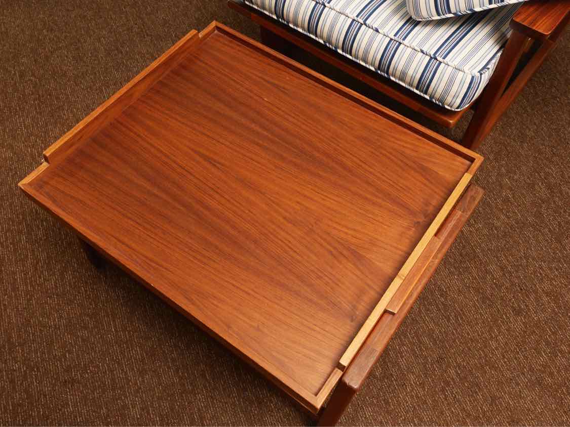 Teak Reclining Chair Blue & Stripe Fabric Includes Tray Ottoman