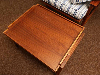 Teak Reclining Chair Blue & Stripe Fabric Includes Tray Ottoman