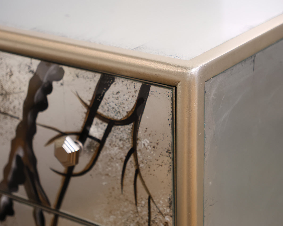 Antiqued Mirrored Pair of Nightstands