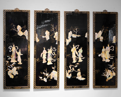 Set of 4 Lacquer and  MOP Inlaid Wall Hangings