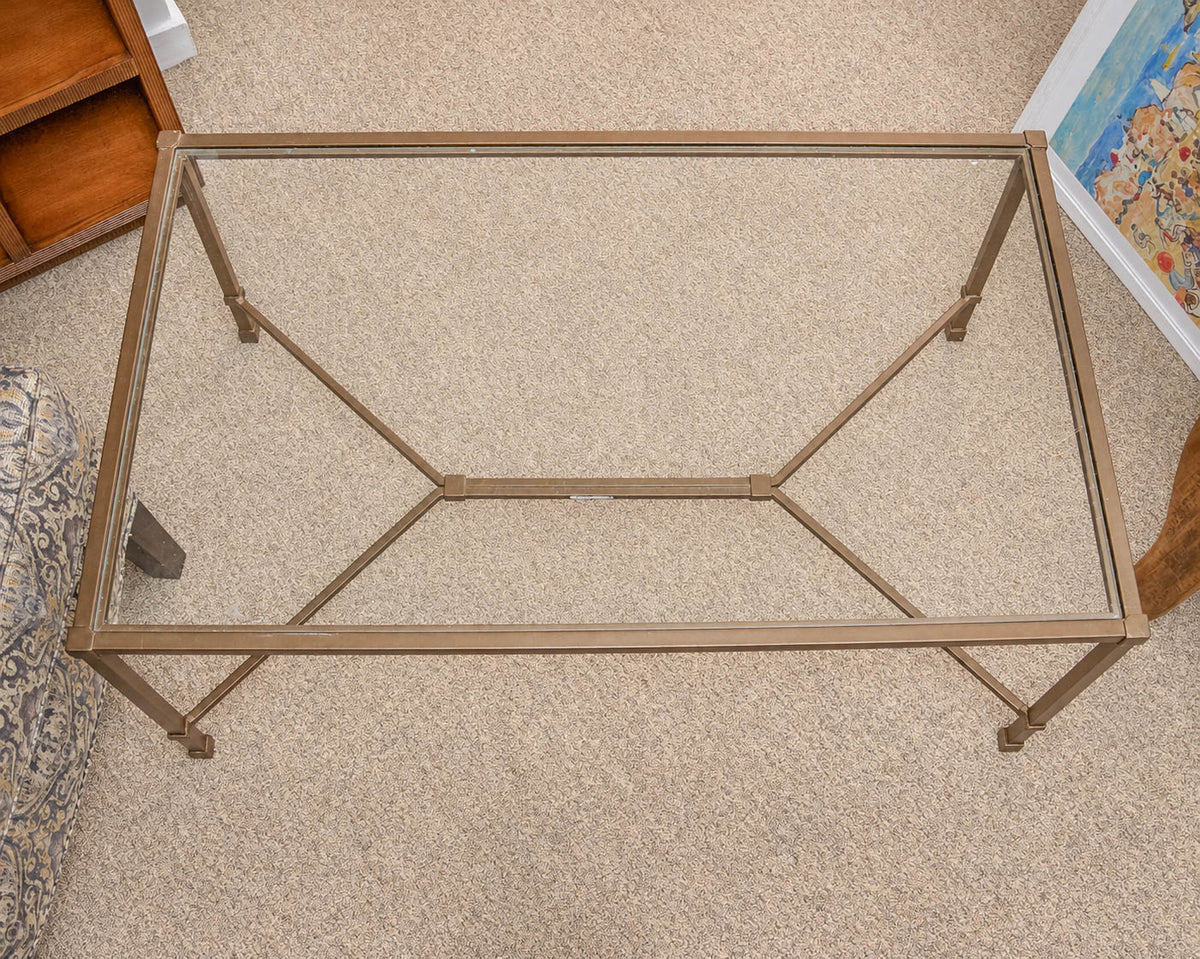 Rectangular Antiqued Brass Cocktail Table W/ Glass Top