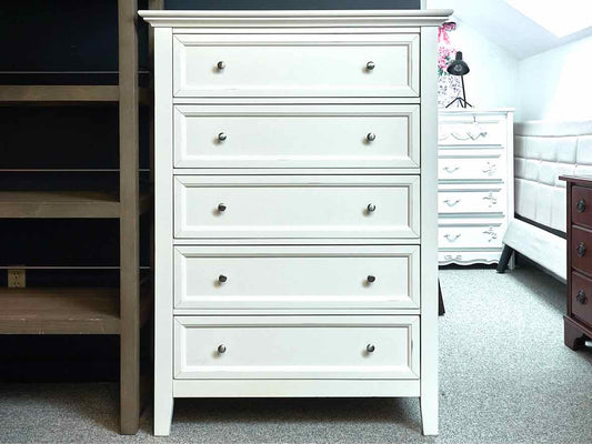 Tall 5-Drawer Chest in White Finish with Satin Nickel Pulls