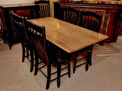 Maple Top Distressed  Black Finish Turned Legs Dining Table & 6 Chairs