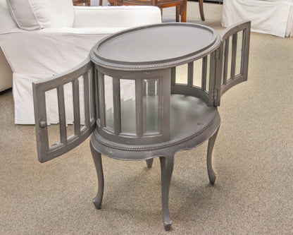 Arhaus Louise Tea Table in Grey Finish with Glass Cabinet and Tray Top