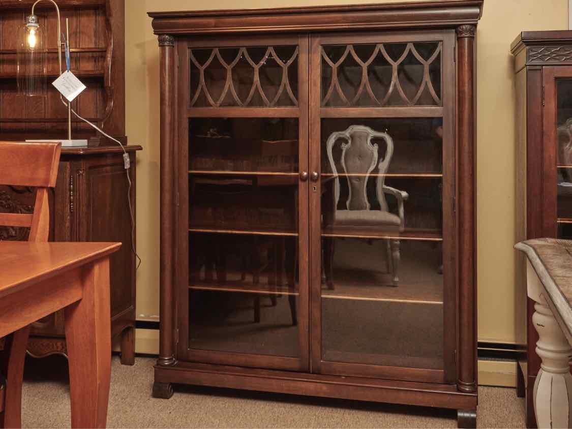 Cherry Double Glass Door Carved Columns  8 Adjustable Shelf Bookcase