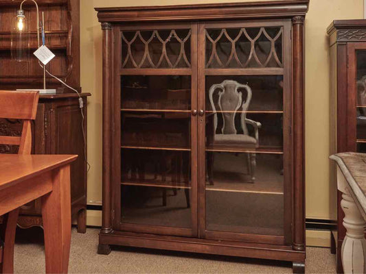 Cherry Double Glass Door Carved Columns  8 Adjustable Shelf Bookcase