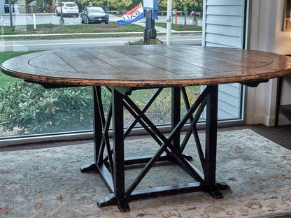 Distressed Finish Oak Round Black Finish Base Dining Table