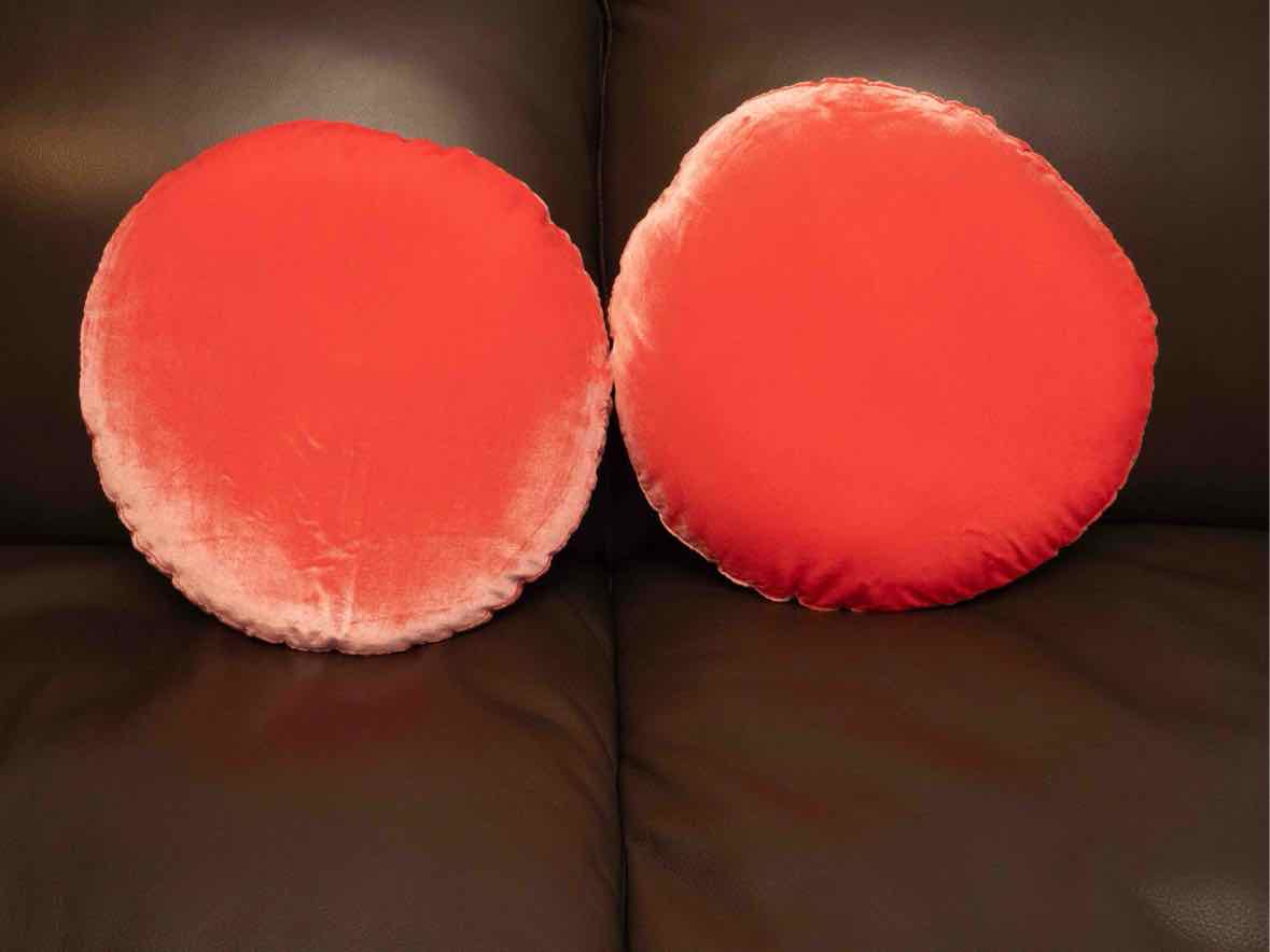 Pair Of Custom  Round Vibrant Tangerine Pink Velvet Accent Pillows