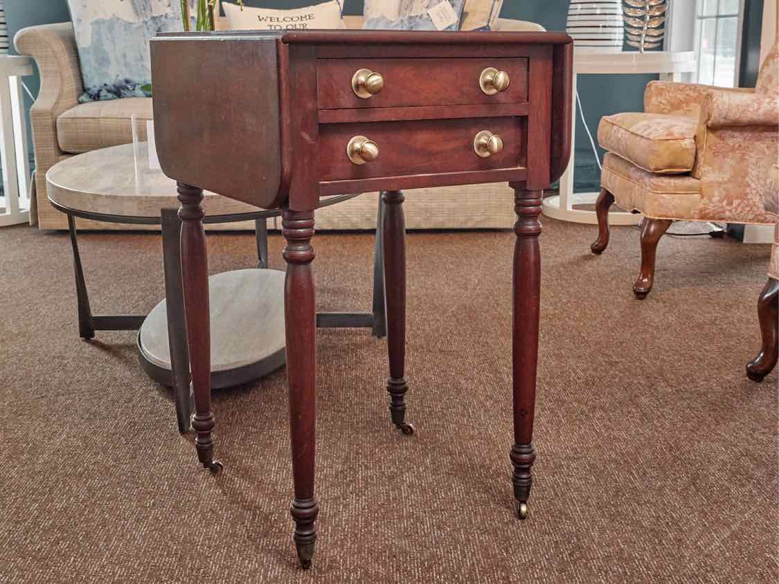 Mahogany 2 Drawer Turned Legs On Casters Drop Leaf Side Table