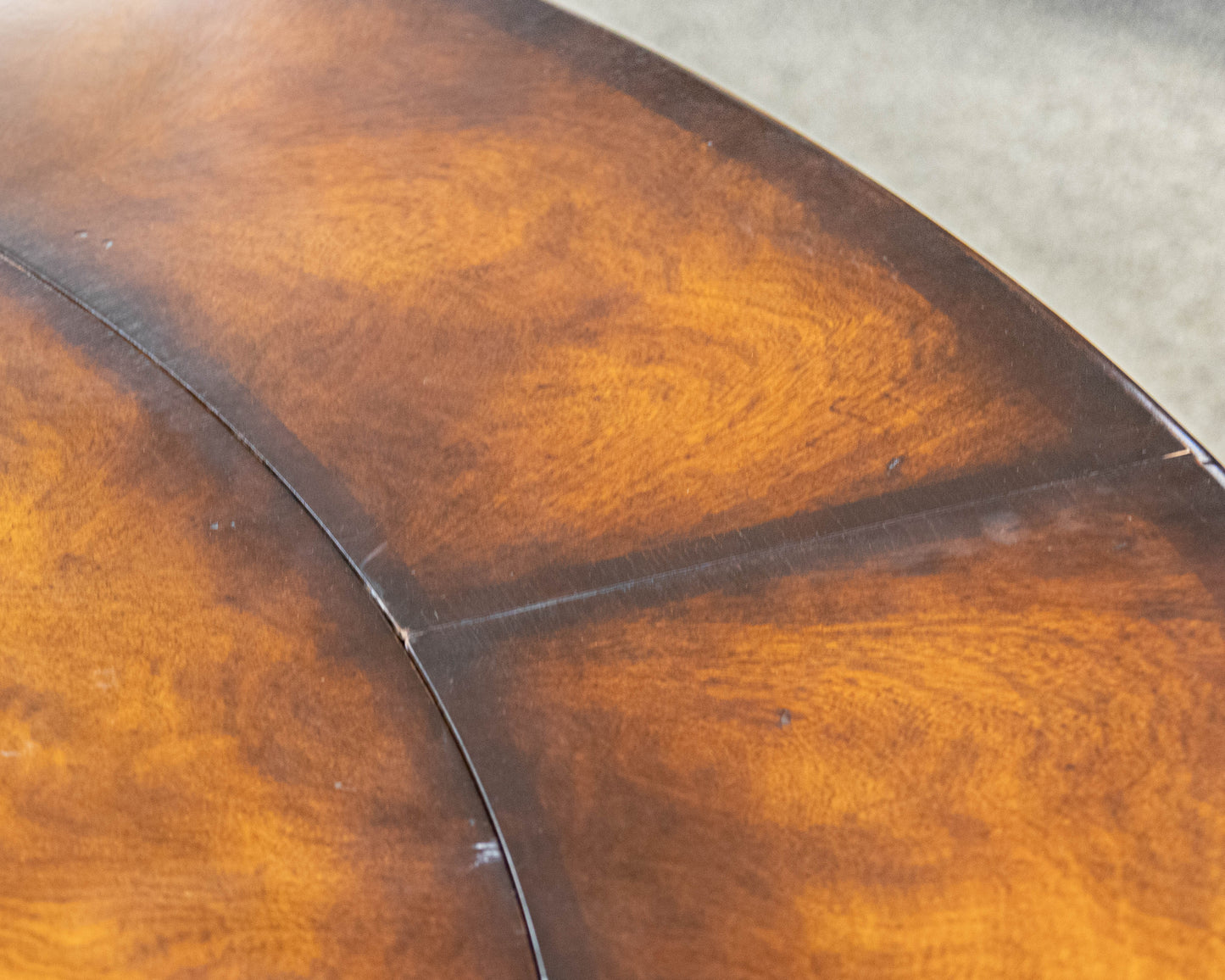 Burled Walnut  Round Dining Table On A Birdcage Base W/ 4 Permitter Leaves