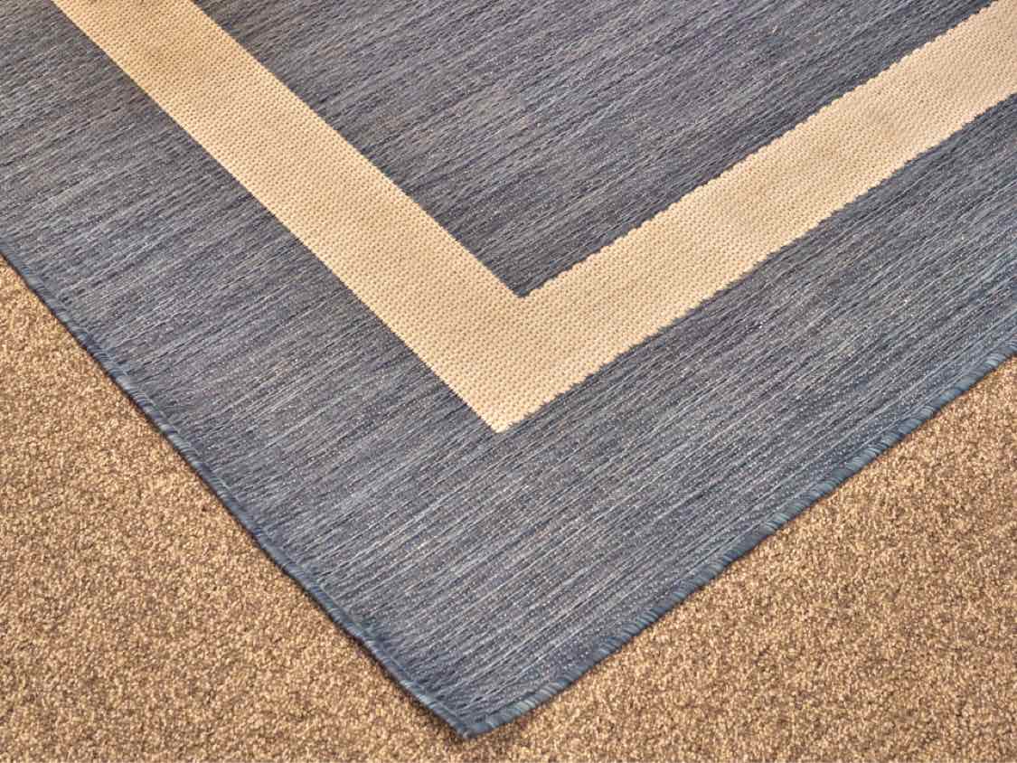 Outdoor Denim Blue Area Rug W/ Ivory Border