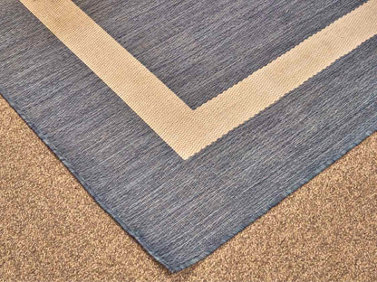 Outdoor Denim Blue Area Rug W/ Ivory Border