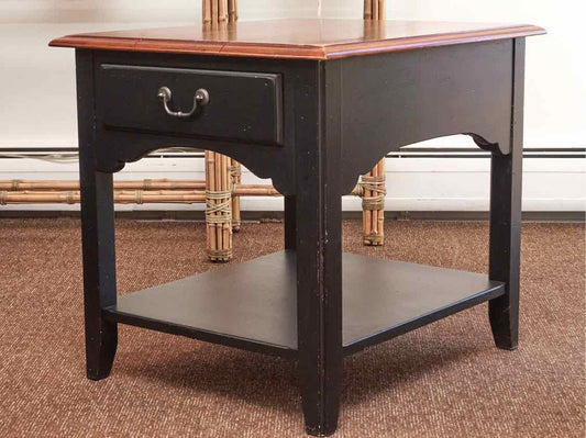 Ethan Allen Black Finish & Cherry Planktop Side Table with 1 Drawer