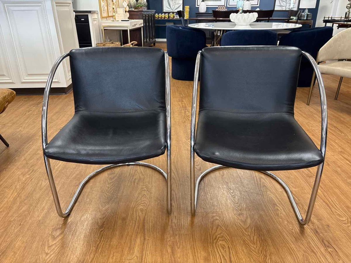 Pair of Black Leather and Steel Lens Chairs