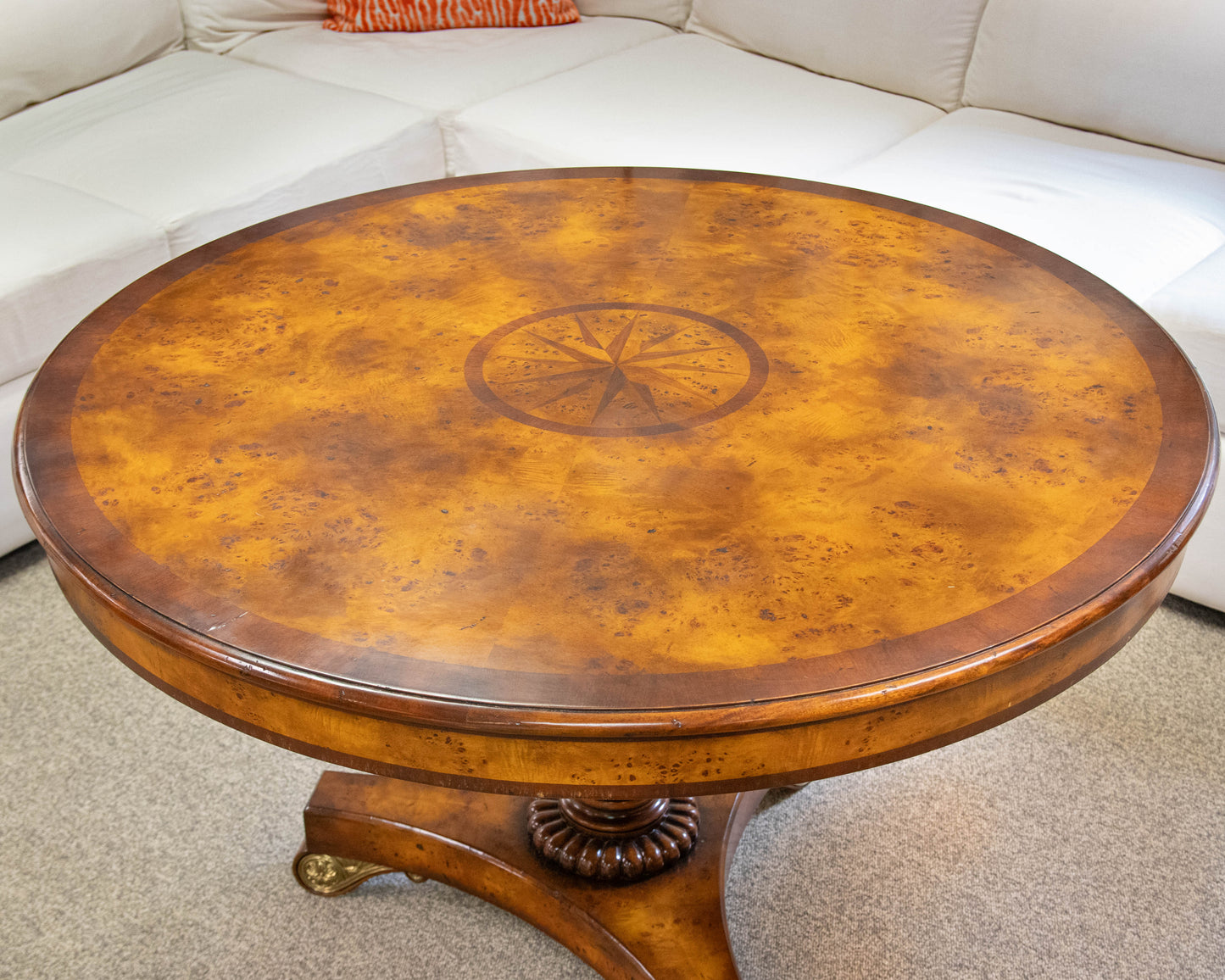 Burlwood Inlaid Round Pedestal Dining Table & Set of 4 Carved Inlaid Armchairs