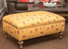 Yellow Upholstered With Retro Floral Pattern Turned Wooden Legs Ottoman