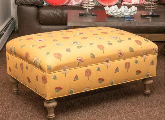 Yellow Upholstered With Retro Floral Pattern Turned Wooden Legs Ottoman