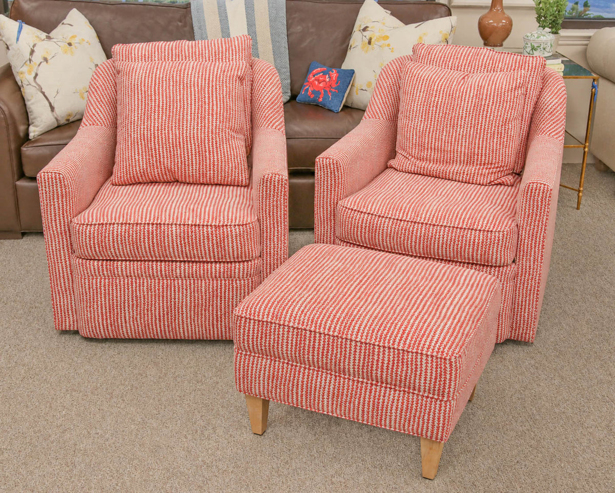 Pair of Swivel Chairs in Red & White Vine Upholstery
