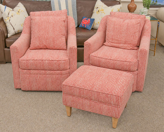 Pair of Swivel Chairs in Red & White Vine Upholstery