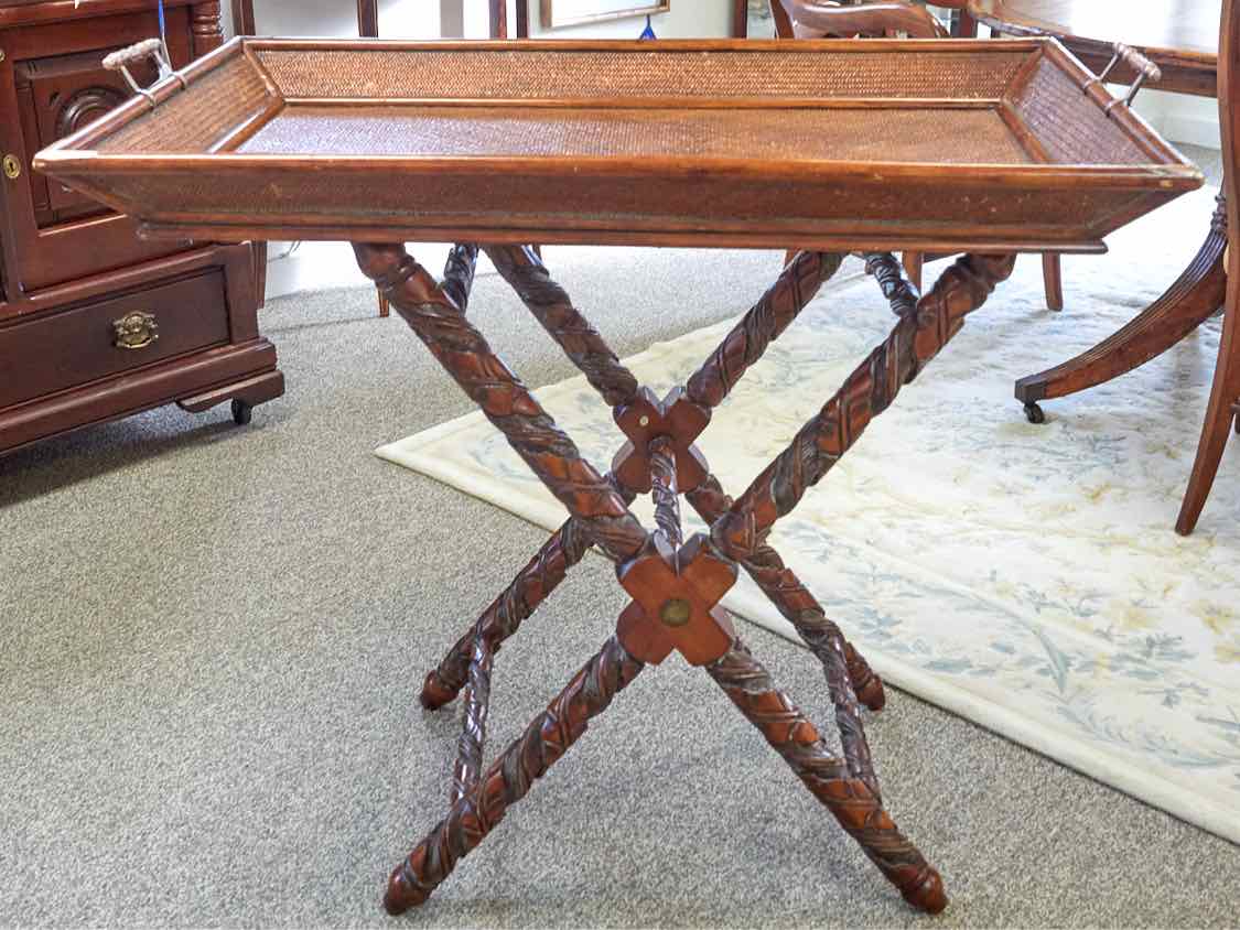 Two Piece Rattan Tray Table with Carved Base