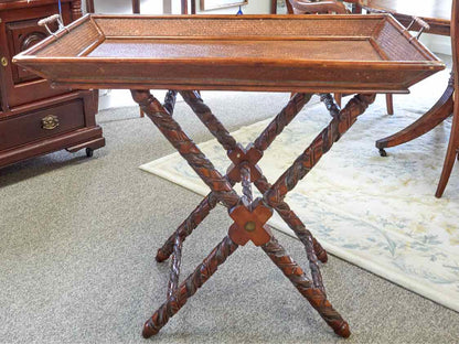 Two Piece Rattan Tray Table with Carved Base