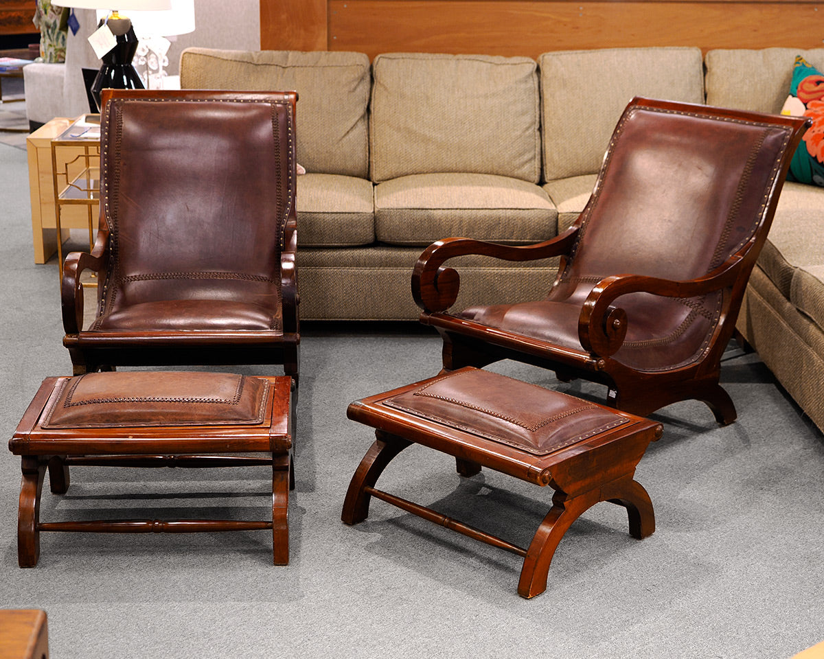 Pair of Antique Leather Chairs w/ Ottomans