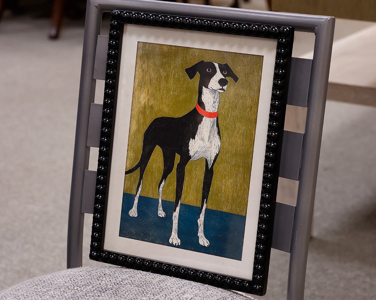 Hound on Olive - Print in Beaded Black Frame
