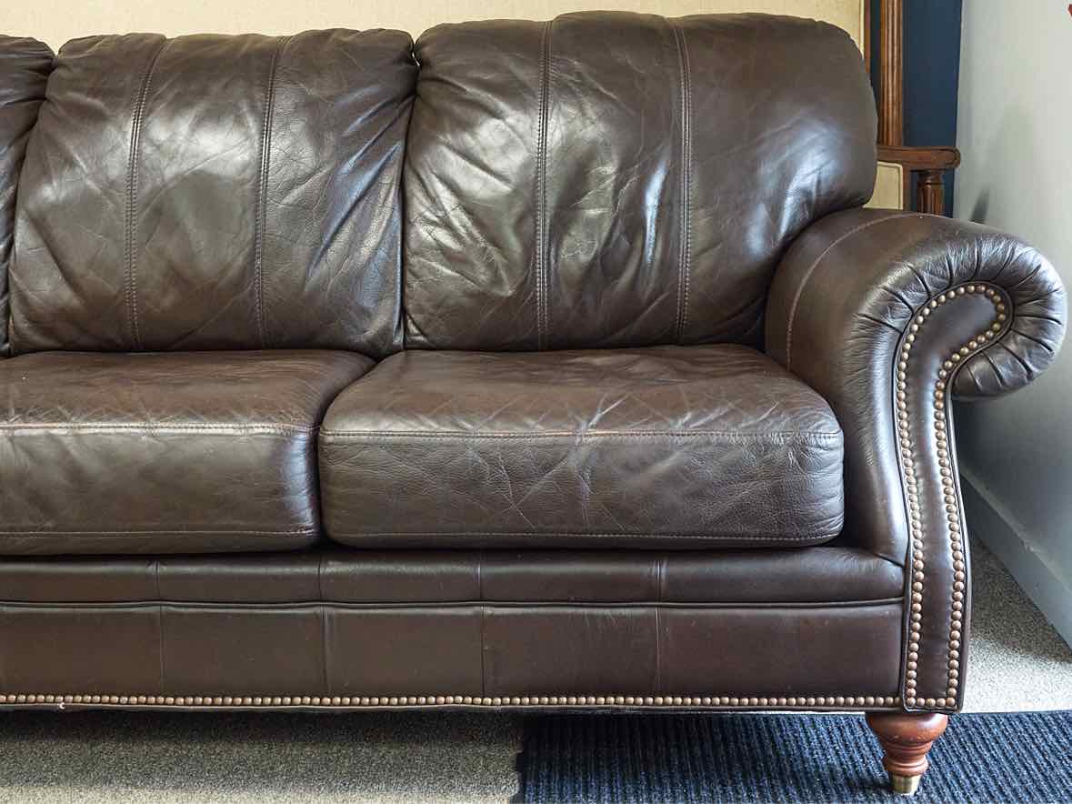 Ethan Allen Leather 3 Cushion Sofa with Brass Nailhead Trim