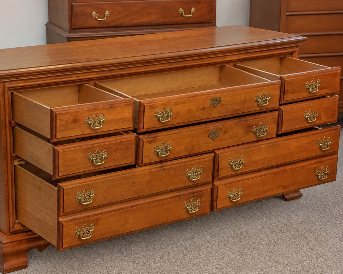 Cherry Eight Drawer Dresser In Warm Chestnut Finish W/ Scroll  Brass Bail Pulls