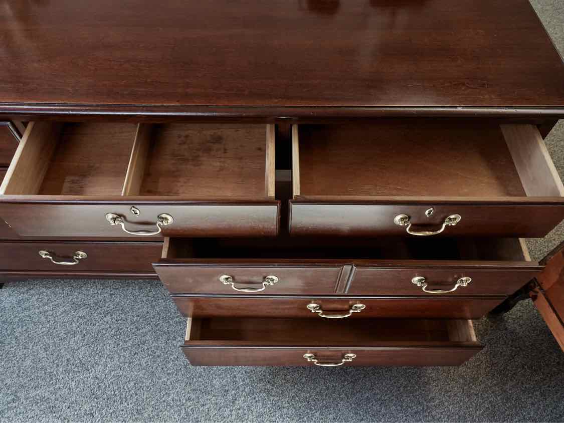 Drexel Mahogany 7 Drawer Triple Dresser with Brass Chippendale Handle Pulls