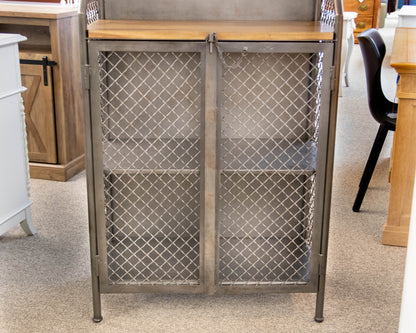 Industrial Bar Cabinet in Steel Mesh with Plank Reclaimed Wood Top