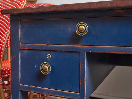 Dark Stained Cherry Top Distressed Blue Finish 4 Drawer Desk