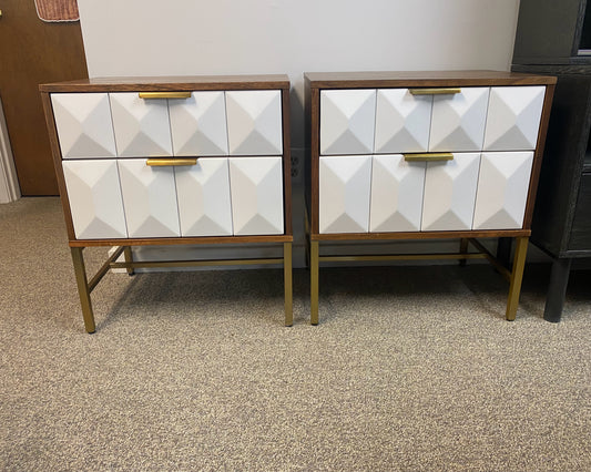 Pair of Nightstands w/Warm Wood Frame 2 Drawers in White w/Gold Metal Hardware