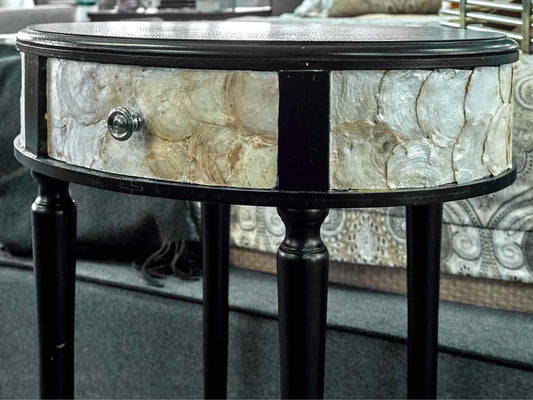 Black Finish 1 Drawer Side Table with Shell Accent Sides