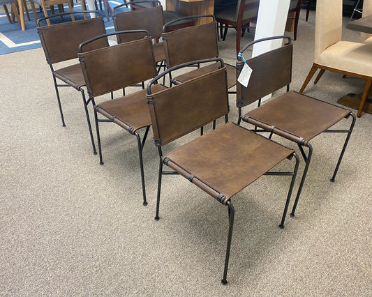 Set Of 6 Four Hands 'Wharton' Dining Chairs in Distressed Brown Leather