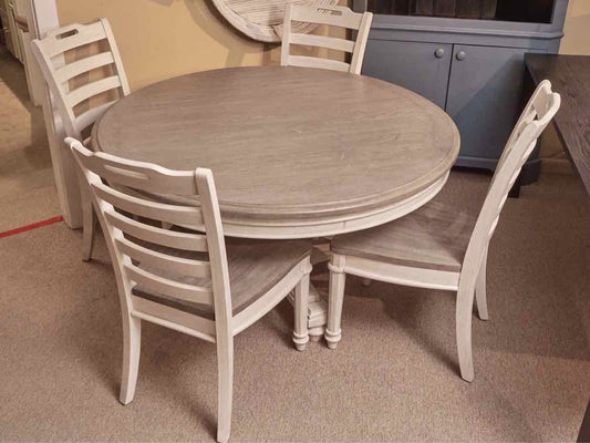 Round  Driftwood Top Finish Cream Finish Table &  4 Chair Set
