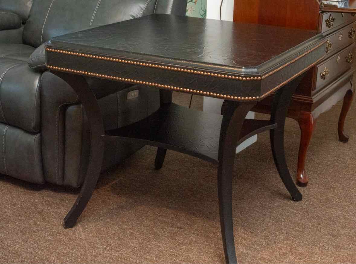 Ethan Allen Black Leather Wrapped Nailhead Trim Round  Accent Table