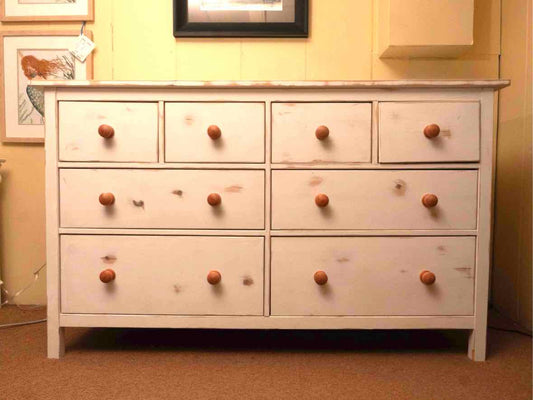 Distressed White Finish Natural Knobs 8 Drawer Dresser